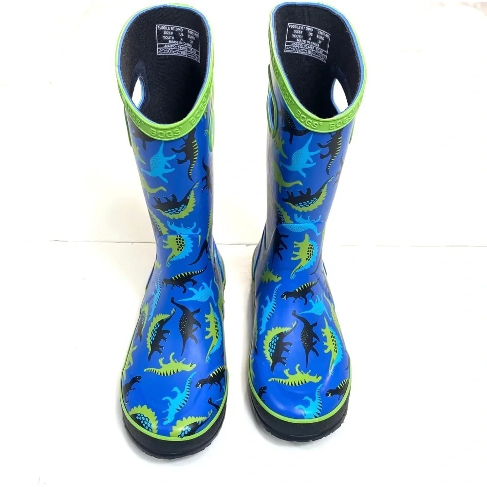 Bogs Paddle at Dino Dinosaurs Print Knee high Rain Boot Blue Size 4 Youth NWOT